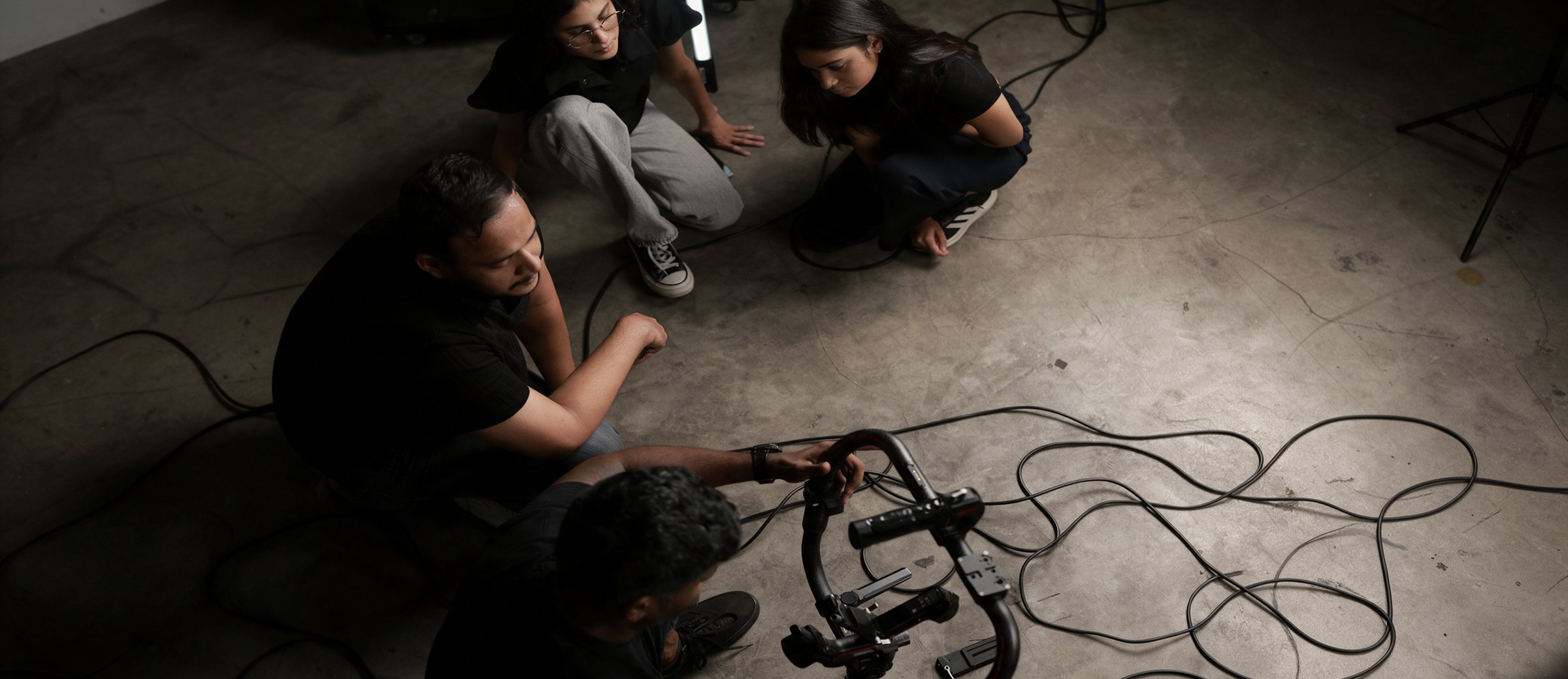 A film crew and camera operator with a gimbal rig on set
